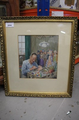 Lot 2654 - Interesting watercolour painting of a puppet maker, framed and glazed, the picture measuring 20.5 x 19cm, the frame 38 x 34.5cm