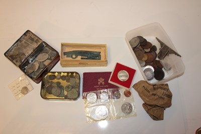 Lot 561 - World - Mixed coinage to include Ancients, G.B. money weights, lead seals, Chinese knife money, a Bradford Commercial Joint Stock Banking Co. Ltd linen bank bag containing brass copy Half Guineas x...