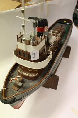 Lot 2678 - Good quality large scratch built radio controlled model of a tug boat (remote lacking), together with stand, approximately 96cm in length