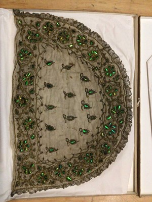 Lot 2181 - Victorian Indian Beetle-wing and 'gold' Metallic thread work Tea Cosy, similar square, Victorian embroidered cream wool shawl, lace stole, some lace mats, crochet edging (2 m +)