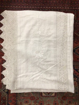 Lot 2183 - Large white cotton cover with embroidered flowers and crochet edges and panels, 220 cms x 220cms approximately. Plus a quantity of lace and crocheted cloths and mats, similar embroidered items etc.