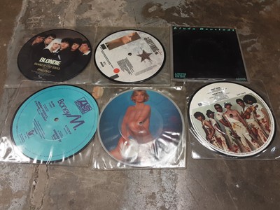 Lot 2333 - Lot of singles including picture discs by Blondie, Eurythmics, Boney M etc, in two boxes and carrying case