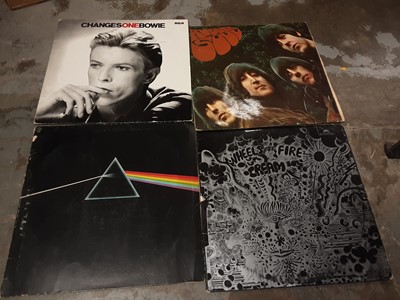Lot 2336 - Selection of L.P records and record sleeves including picture discs bt Rod Stewart, Beatles Rubber Soul, David Bowie, Pink Floyd etc, in two boxes