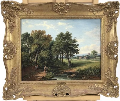Lot 1 - Thomas C. Buttery (1796-1869) oil on panel - Children beside a stream with village beyond, 30cm x 23cm, in gilt frame.