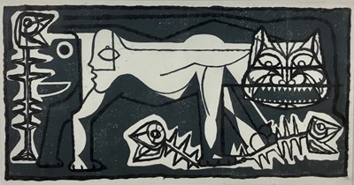 Lot 15 - English school, 1960s abstract print - Cat and fish, 43cm x 23cm, in glazed frame