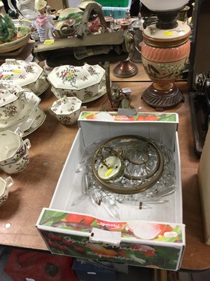 Lot 338 - Edwardian brass desk lamp and a cut glass three-tier electrolier