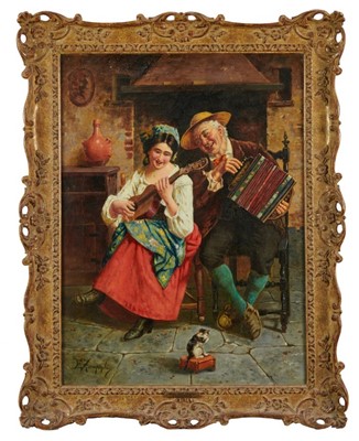 Lot 1083 - Eugenio Zampighi (1859 - 1944) oil on canvas,  
"Music Hath Charms", signed, 
in gilt frame. 60 x 45cm.