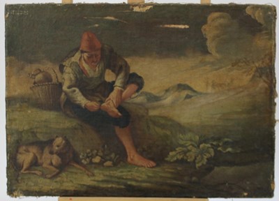 Lot 1084 - 18th century Italian School oil on canvas-seated traveller removing a thorn from his 
foot with his dog nearby, unframed. 
38 x 53cm.