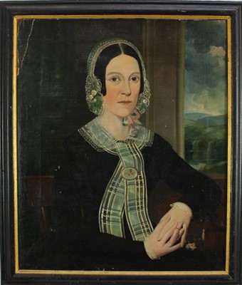 Lot 1085 - Early 19th century American School naive oil on canvas- elegant lady seated 
by a window, ebonised and gilt frame. 75 x 62cm.