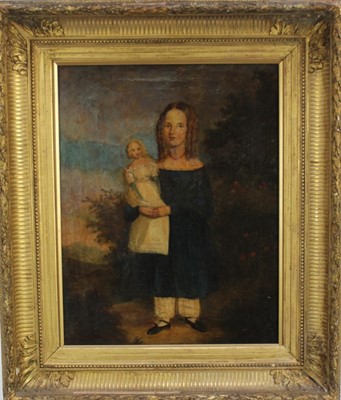 Lot 1086 - Early 19th century English School naive oil on canvas- child with ringlets in  
her hair holding a doll, in gilt frame. 38 x 30cm
