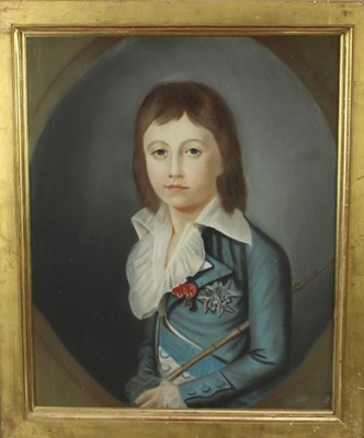 Lot 1088 - Early 19th century French School pastel portrait- boy wearing regal dress and 
holding a riding crop, in gilt frame. 
59 x 48cm.