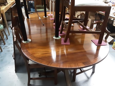 Lot 911 - Good quality Redman & Hales mahogany dining room suite comprising D end dining table with three pedestals and extra leaf opening to 317 cm x 115 cm, set eight shield back dining chairs on champhere...