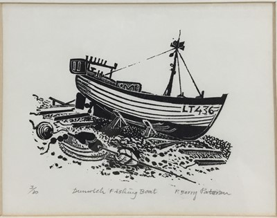 Lot 154 - Penny Berry Paterson (1941-2021) three linocut prints and a watercolour in glazed frames