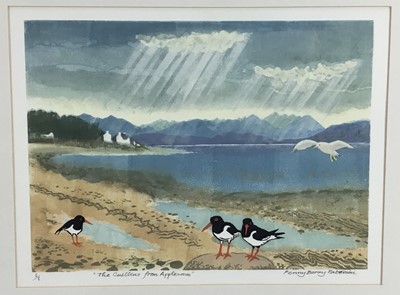 Lot 173 - Penny Berry Paterson (1941-2021) monoprint linocut - The Cuillins from Applecross, signed and numbered 1/1, 35cm x 27cm, in glazed frame.