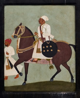 Lot 830 - Good 18th / 19th century Indian School gouache painting of a Rajput nobleman on horseback