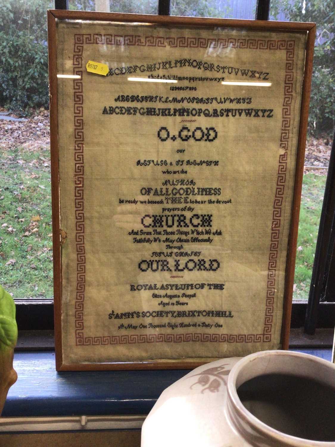 Lot 41 - Two 19th century framed samplers, the first with alphabets and biblical verse, signed by Eliza Augusta Peepall 1861, the other with religious verse (2)
