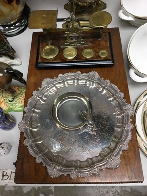 Lot 309 - Edwardian walnut and brass letter scales, together with a silver plated salver, a wine tasting cup and a canteen of cutlery